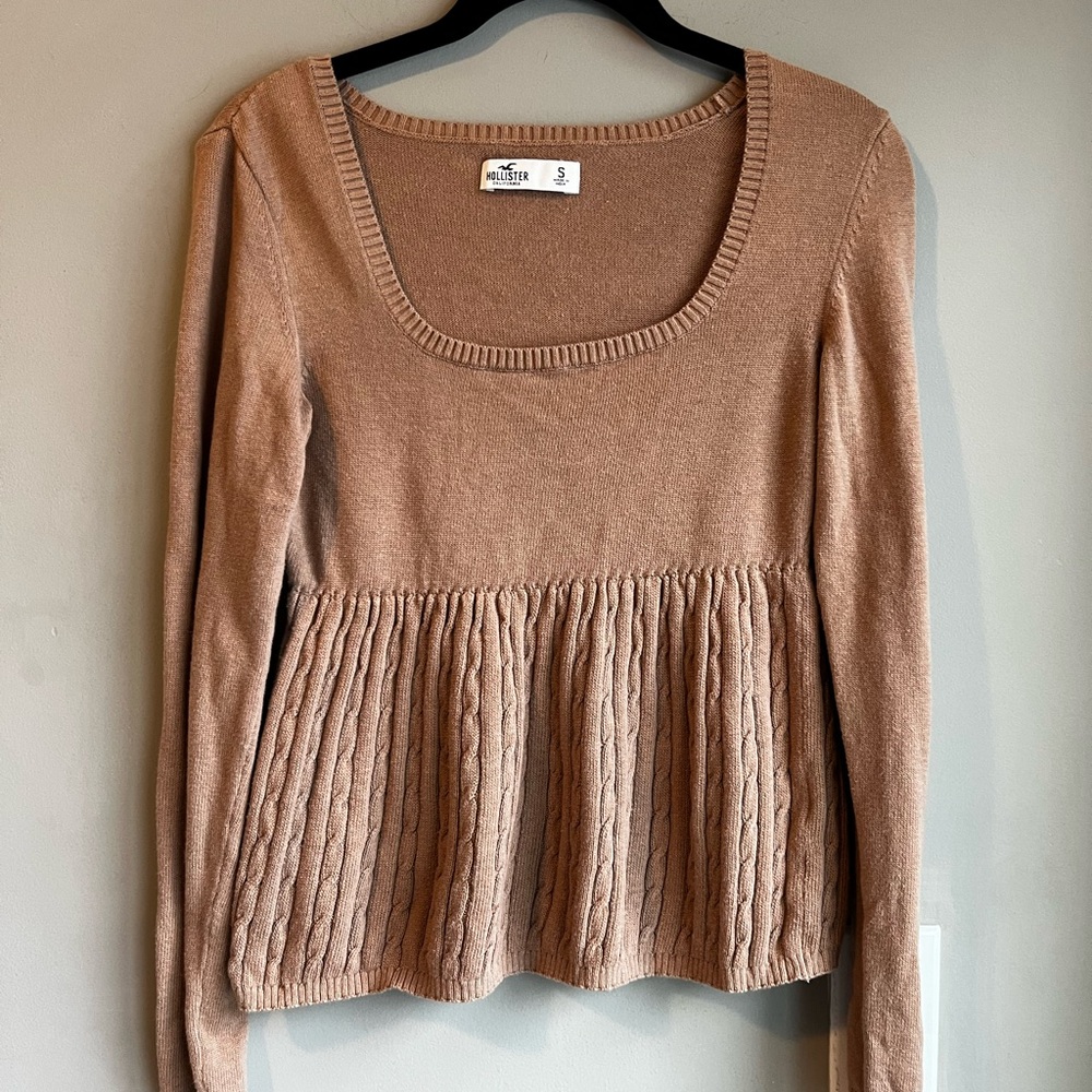 Hollister Brown Long Sleeve Baby Doll Sweater with Peplum Design Small